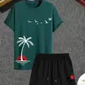 Men's Landscape Print Sleep Tee & Drawstring Shorts Pyjamas Set, Regular Fit Round Neck Short Sleeve T-Shirt & Elastic Waist Shorts PJ Set, Casual Comfy Men's Sleepwear & Loungewear Set for All Seasons, Nightwear, Pajamas Set