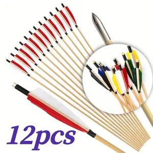 12pcs Wooden Arrows with Arrowheads, 5-inch Fletching, ID 8mm & OD 9mm, Durable & Lightweight, Suitable for Beginners' Archery Practice, Outdoor Sporting Goods