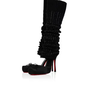 Red bottom heels Rhinestone Socks Stiletto Booties Ballerina Bow Crepe Square Toe High Heel Pumps Multicolor Elegant Style Women's Mid-Calf Boots