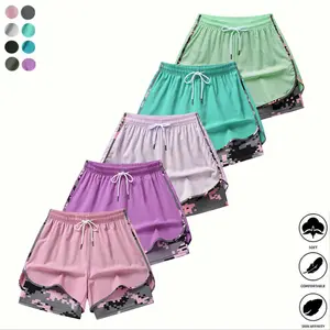 Pack of 5 women’s shorts: double-layer faux two-piece camouflage pattern 5-inch shorts; breathable, quick-dry leggings; women’s athletic shorts with adjustable drawstring waist — lightweight fitness shorts with side design.