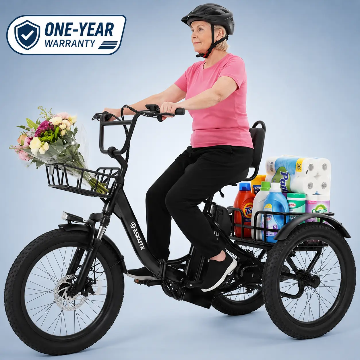 ESKUTE T300 MAX Adult Folding Electric Trike, 20" Step-Thru 3-Wheel E-Tricycle, Smart Reverse, 48V 20.8Ah High-Capacity Battery, Dual Cargo Baskets for Senior Daily Rides