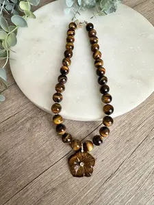 Tiger’s Eye Statement Necklace with Large Flower Pendant, 12mm Brown Gemstone Necklace, Gold Filled, Bold Chunky Necklace