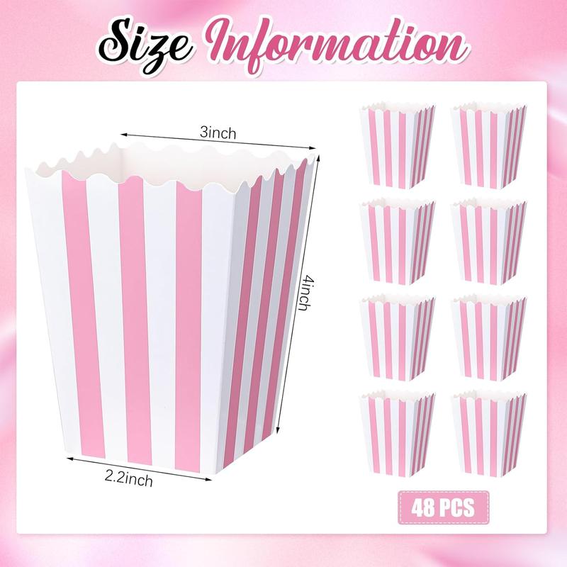 Pink and White Striped 48pcs Paper Popcorn Boxes - Pastel Candy Cardboard Buckets for Theater Carnival Birthday Party Favor Bags Disposable Traditional