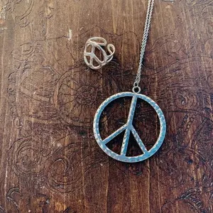 Antique Silver Peace Sign Boho Long Necklace