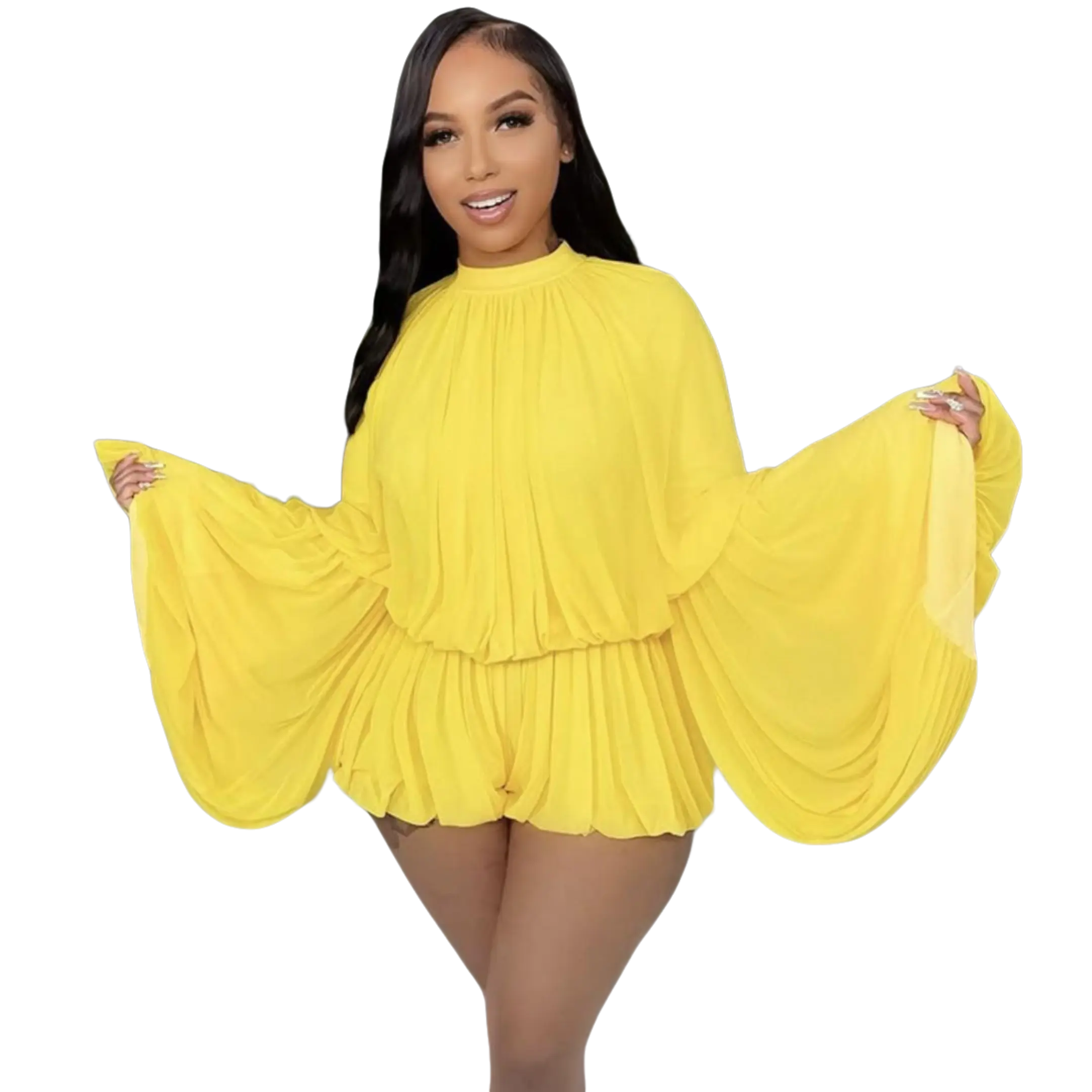 Women's Romantic Ruched 2-Piece Shorts Set - Cute, Light Airy, Breathable Matching Outfit with Bold Bell Sleeves for Party Wear, Vintage