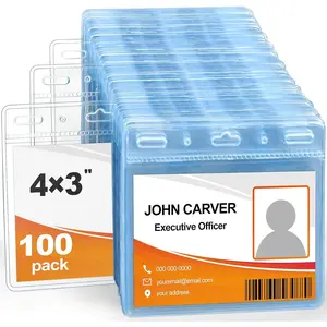 100 count Card Protector ID Name Badge Holder 4 x 3 Inches Clear Plastic Horizontal No Zipper ID Card Holder