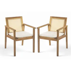 Set of 2 Outdoor Dining Chairs 22.5*24.5*32.25 Inch Solid Acacia Wood Frame Plastic Cane Backrest Padded Cushion with Fastener Ties Weather Resistant Ergonomic Design Easy Assembly Patio Garden Leisure Chairs