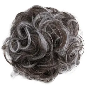 Big Hairpiece Scrunchy Updo Bridal Hairstyle curly Messy Bun Brown Gray Mix G25E