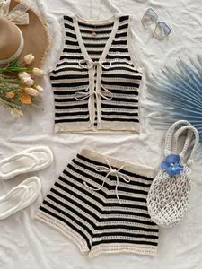 Women's Summer Outfit Striped Colorblock Hollow Out Tie Front Sleeveless Knit Top and Elastic Waist Shorts Knitwear Set, Casual Beach Vacation Holiday Street Daily Wear Fashion Stylish Lightweight Knitted 2 Pcs Set, Women Shorts Set
