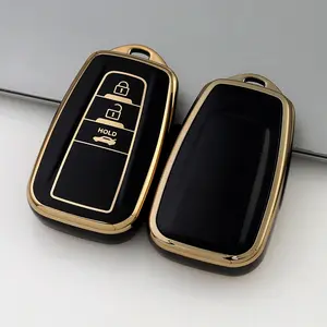 For Toyota Car Key Case Compatible with Three-Button Keys Fits Camry, New Avalon, Yaris / CHR, Prado, Crown Premium Soft TPU Material Durable, Scratch-Resistant, Flexible Stylish Classic Gold Trim Design Car Key Accessories