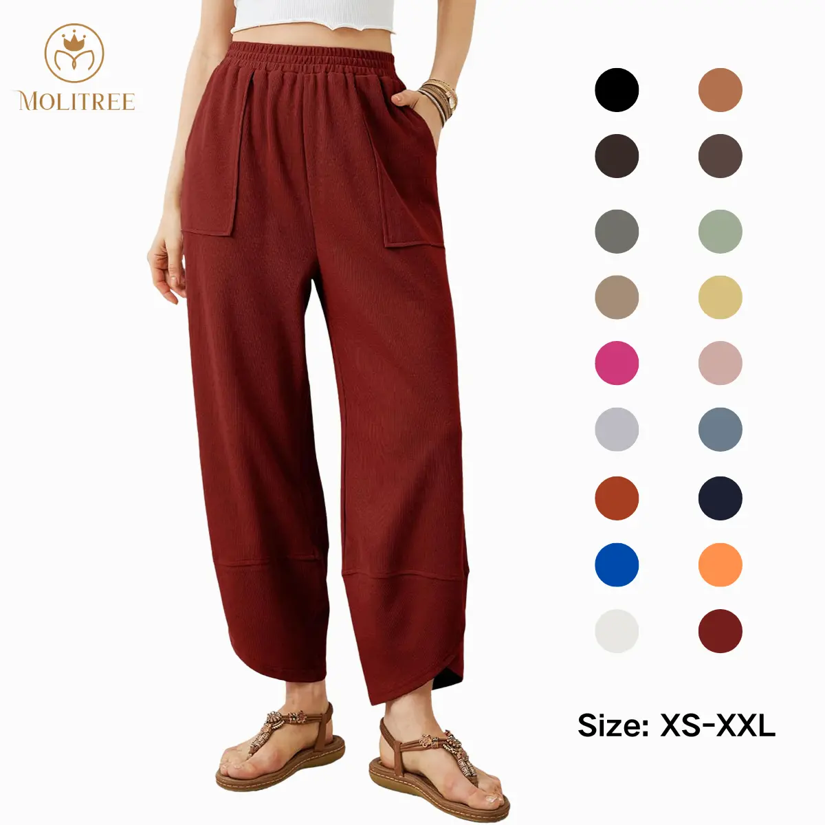 Molitree Women's Wide Leg Pants Casual Elastic Waist Palazzo Pants Loose Fit Harem Trousers with Pockets