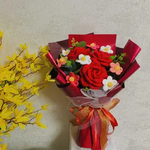 Artificial Flower Bouquet, Crochet Flowers, Faux Rose Bouquet, Crochet Handmade Bouquet, Decoration Flowers for Home Party Wedding, Anniversary Bouquet Gift for Her, Festive & Party Supplies, Spring Decor 2025