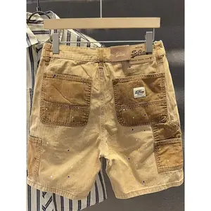 Men’s Grid Wardrobe retro Stitch denim cargo shorts — color-block wash, low-rise, wide-leg cropped jeans; khaki trousers; summer casual wear