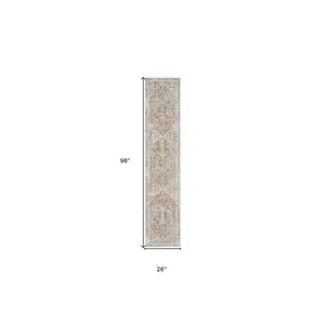 8' Rust And Off White Oriental Washable Runner Rug