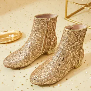 Women's Sequin Low Heeled Ankle Boots Round Toe Sparkly Glitter Block Heel Dress  Party Booties