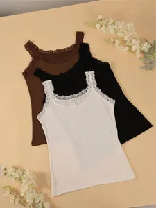 Women's Solid Color Pajama Top, Casual Comfortable Lace Trim Sleeveless Pajama Top Camisole Tops for Daily Wear, Ladies Sleepwear for All Seasons