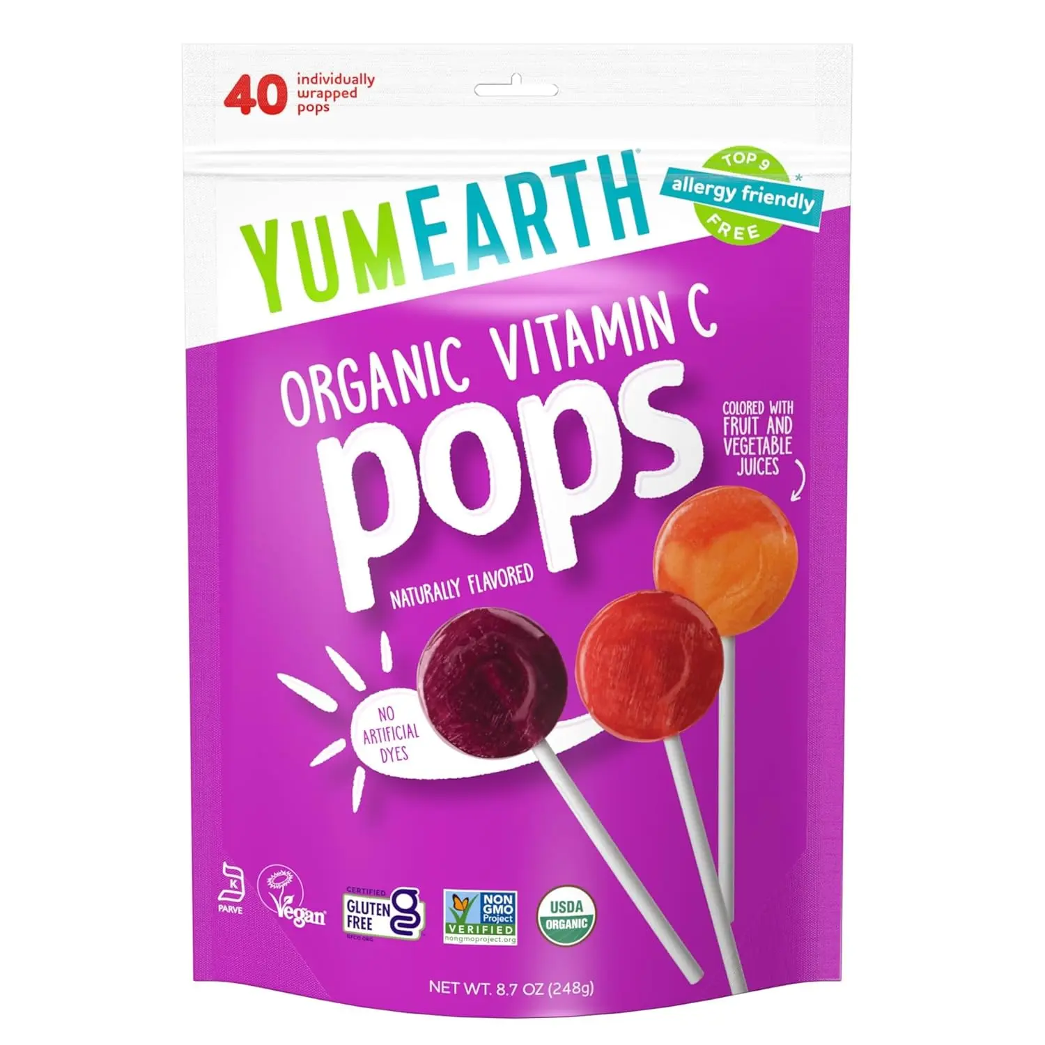 YumEarth Organic Vitamin C Pops Variety Pack, 40 Fruit Flavored Favorites Lollipops, Allergy Friendly, Gluten Free, Non-GMO, Vegan, No Artificial Dyes