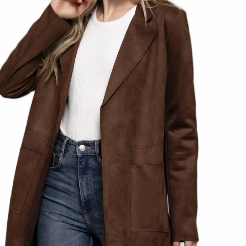 Women’s Brown Faux Suede Longline Blazer – Open Front Fall Jacket