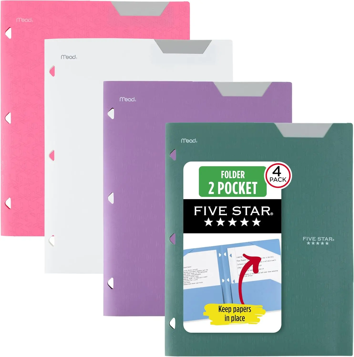 5 Star 4-Pack 2-Pocket Plastic Folders with Stay-Put Tabs, 3-Ring Binder Compatible, Holds 8.5"x11" Paper, Assorted Colors (333420B)