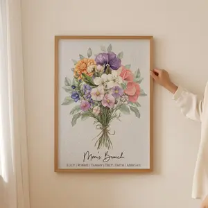 Family Birth Flower Bouquet Gift – Nana’s Garden Mother’s Day & Grandma Gift, Personalized Watercolor Birth Month Flowers for Bedroom & Living Room