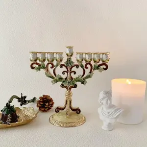 Pomegranate Tree Hanukkah Candleholder, Classic Vintage Nine Branch Candelabra, Handmade Enamel with Gold Accents, Perfect for Jewish Celebrations & Home Decor, Interior Decoration Accessories