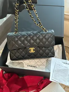 Pre-owned CHANEL Small Classic Flap Black Gold Caviar Leather 2023 Chip Full Set Jan 2023 Receipt