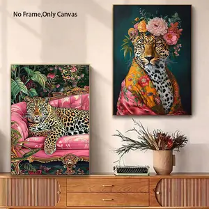 Set of 2 Unframed Modern Art Prints, Leopard & Cheetah, Floral Leopard Print, Sofa, Forest & Flowers, Wall Decor for Living Room, Bedroom, Office