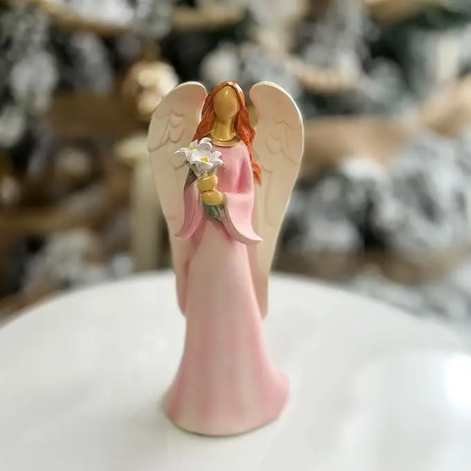 1 Pack Pink Floral Resin Angel Statue Figurine - Home Decor Ornament for Bedroom, Office Desk