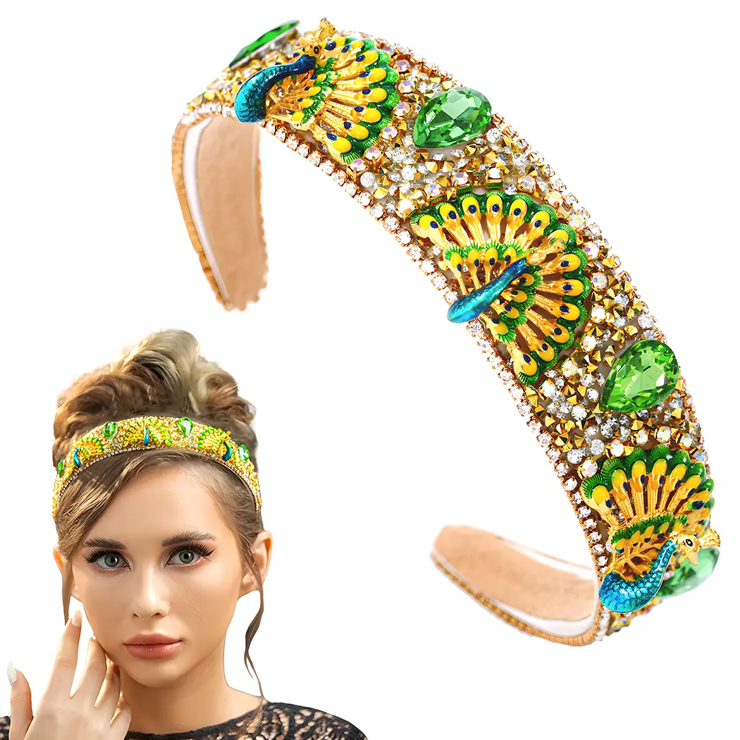 Hermoli Rhinestone Headband Women Green Peacock Headbands Glitter Crystal Hairband Prom Party Headwear Accessories For Women