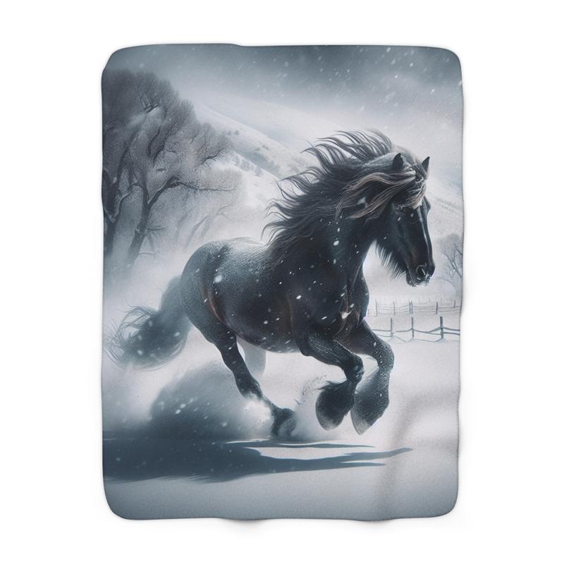 Wild Black Horse Winter Sherpa Fleece Blanket Gift For Her or For Him Soft and Cozy Snow Scene Present for Animal Lover Nature Inspired