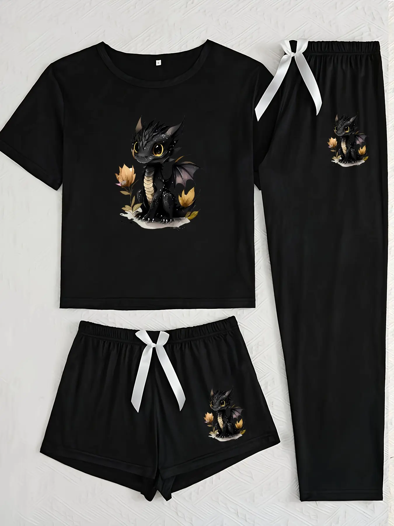 Three-Piece Pajama Set for Women, Shorts Pyjama, Pjs, Womenswear, Cartoon Dinosaur Print, Casual Fitted Sleepwear Loungewear, All-Season Comfort, Random Pattern Design, Matching Pajamas Sets