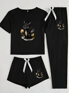 Three-Piece Pajama Set for Women, Shorts Pyjama, Pjs, Womenswear, Cartoon Dinosaur Print, Casual Fitted Sleepwear Loungewear, All-Season Comfort, Random Pattern Design