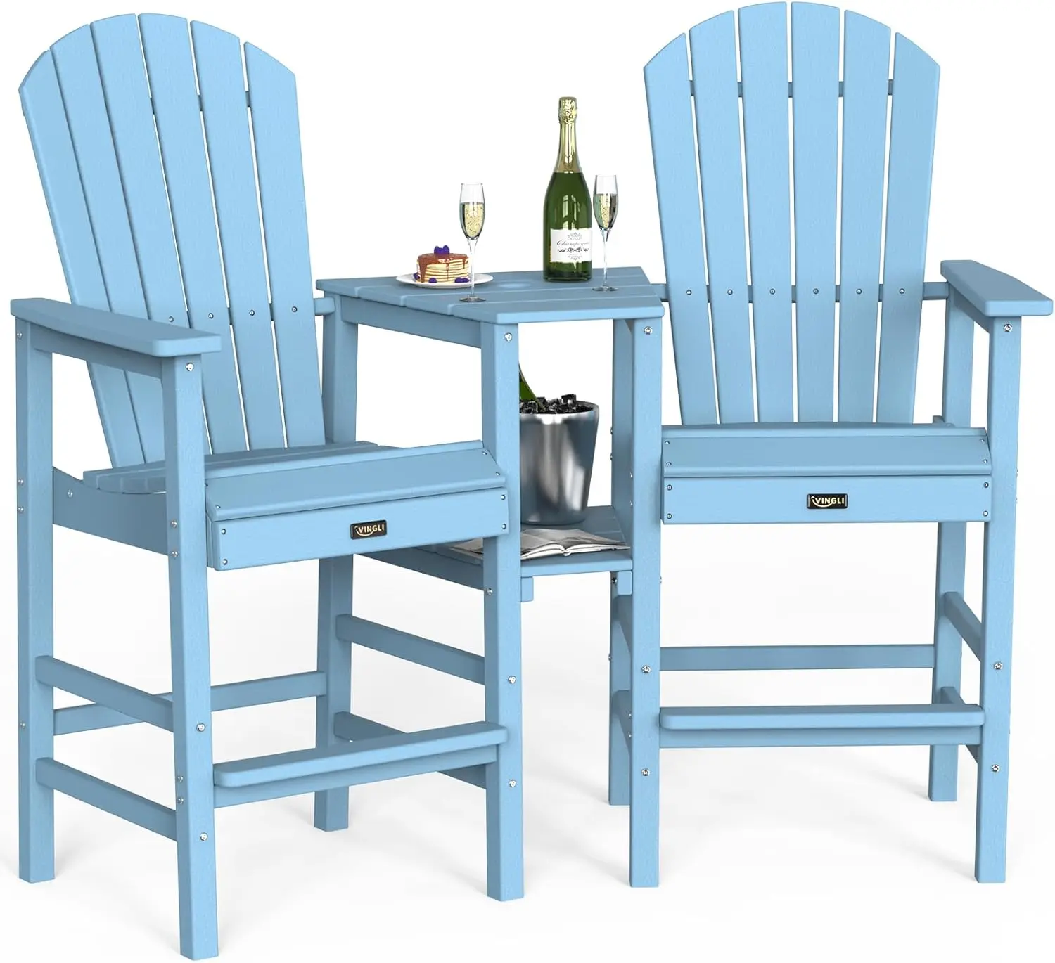 VINGLI Tall Adirondack Chairs Set of 2, HDPE Outdoor Furniture Balcony Chairs with Double Connecting Tray, Weather-Resistant Durable Rattan Outdoor Bar Stools for Patio Deck