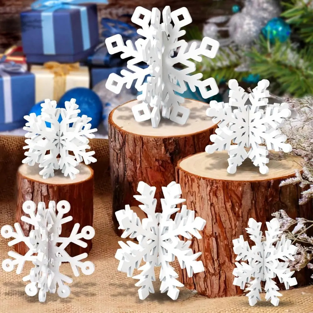 White Wooden 3D Round Snowflake Ornaments - 6 Sets (12 Pcs), Multi-Size Easy-Assembly Decorative Durable Christmas Holiday Tabletop Centerpiece, Home & Birthday Party Supplies