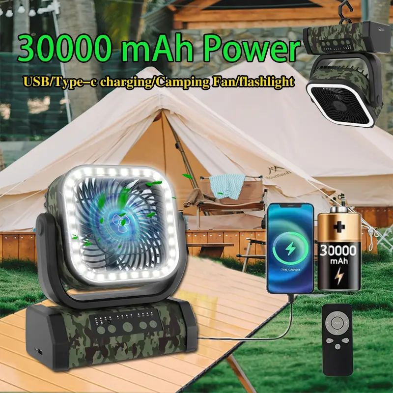 30000mAh Rechargeable Camping Fan with LED Light, Portable Multi-functional Fan with 360° Rotating Hook, Oscillating Emergency Camping Fan Cordless Ro