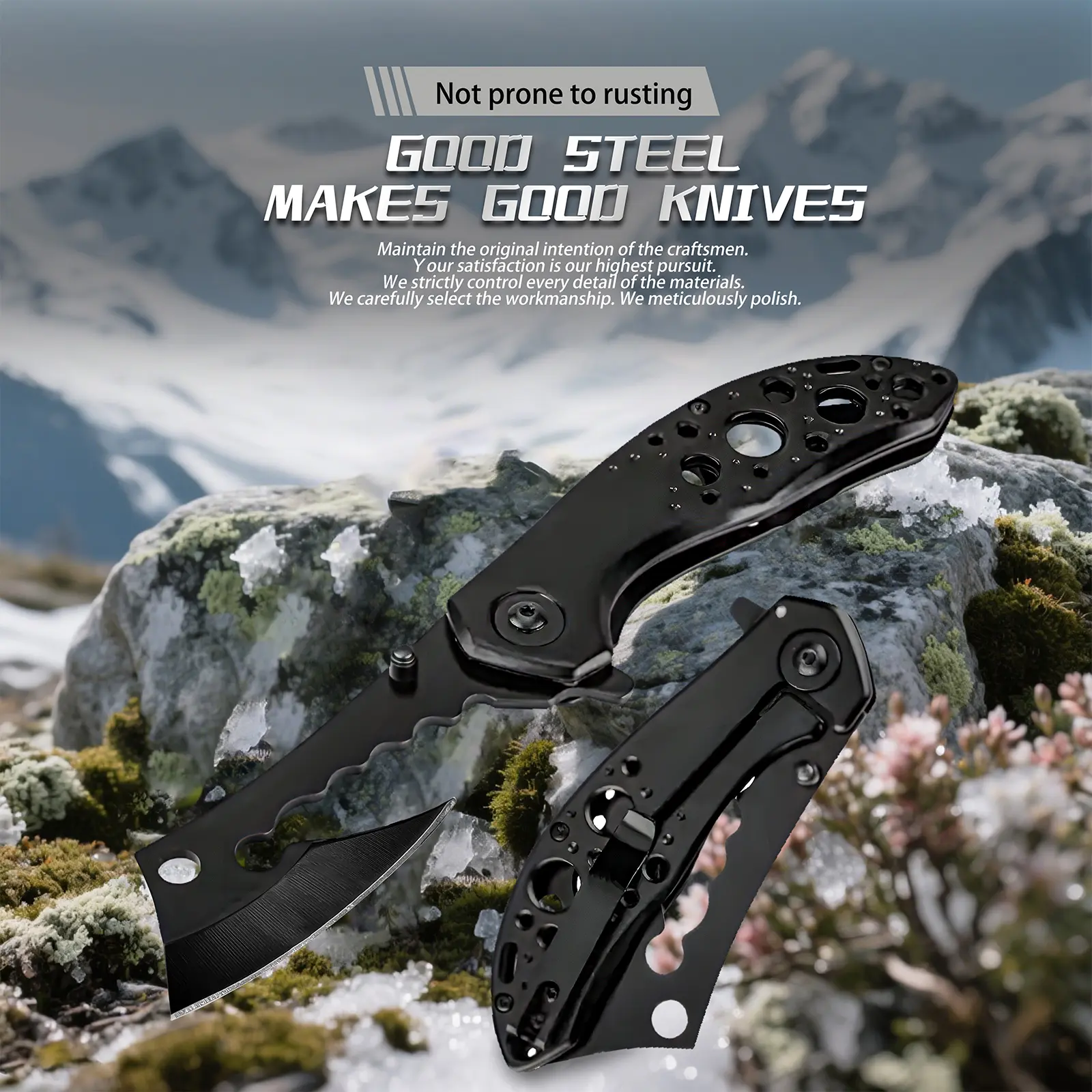 Mini Cleaver Folding Pocket Knife - All-Black Coated Steel Blade, Frame Lock, Pocket Clip, Flipper - Compact 10-Centimeters EDC Tool for Adults, Everyday Utility, Fishing, Bushcrafting, Whittling
