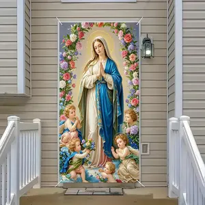 Religious Theme Door Cover Banner, Decorative Banner, Floral Virgin Mary Angel Design, Flower Design, Polyester Material, Indoor Outdoor Decoration, Outdoor Banners, No Power Needed