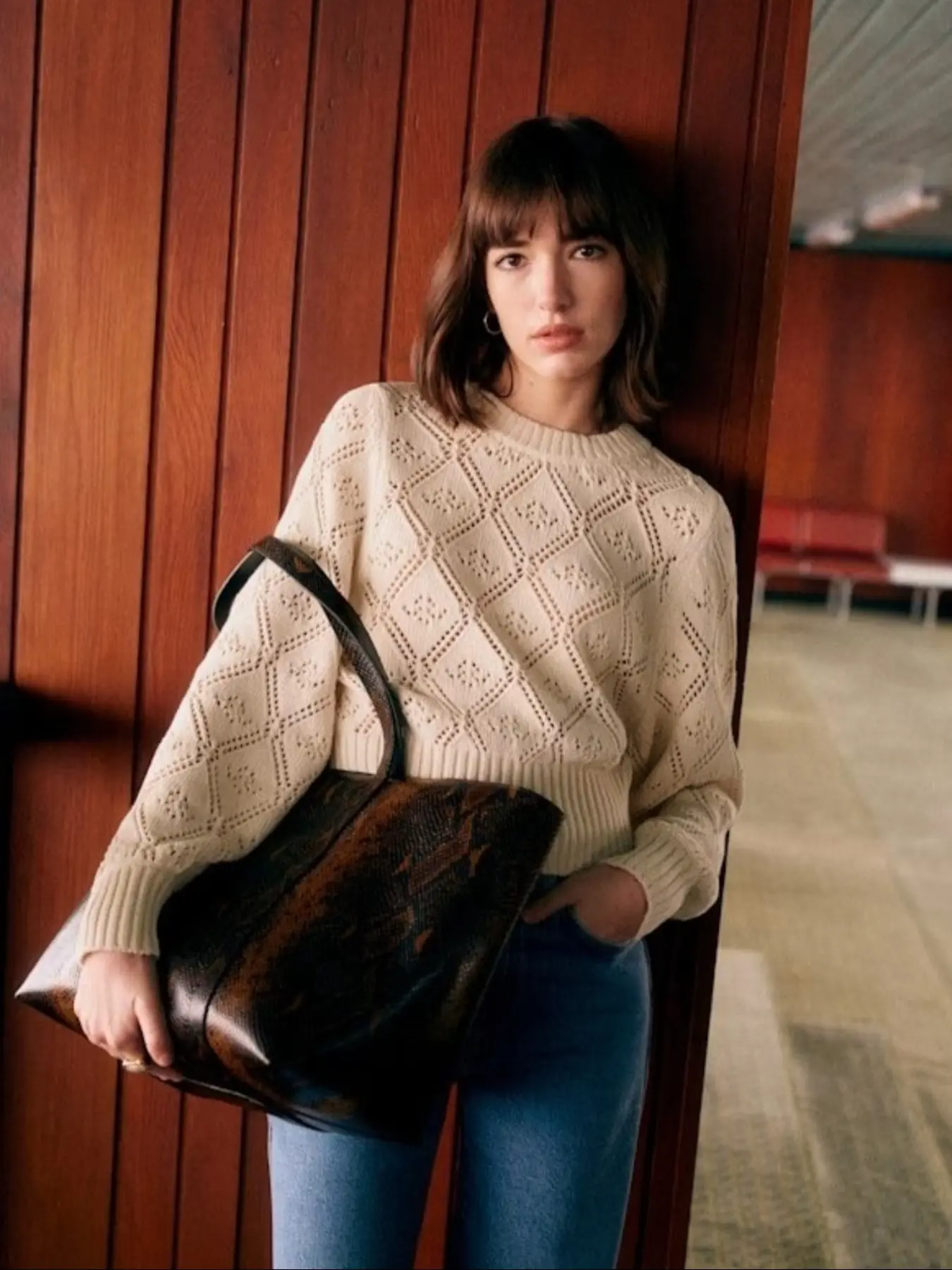 Women's French Chic Vintage Sweater, Retro Geometric Knit Pullover, College Style Round Neck Top, Casual Fall & Winter