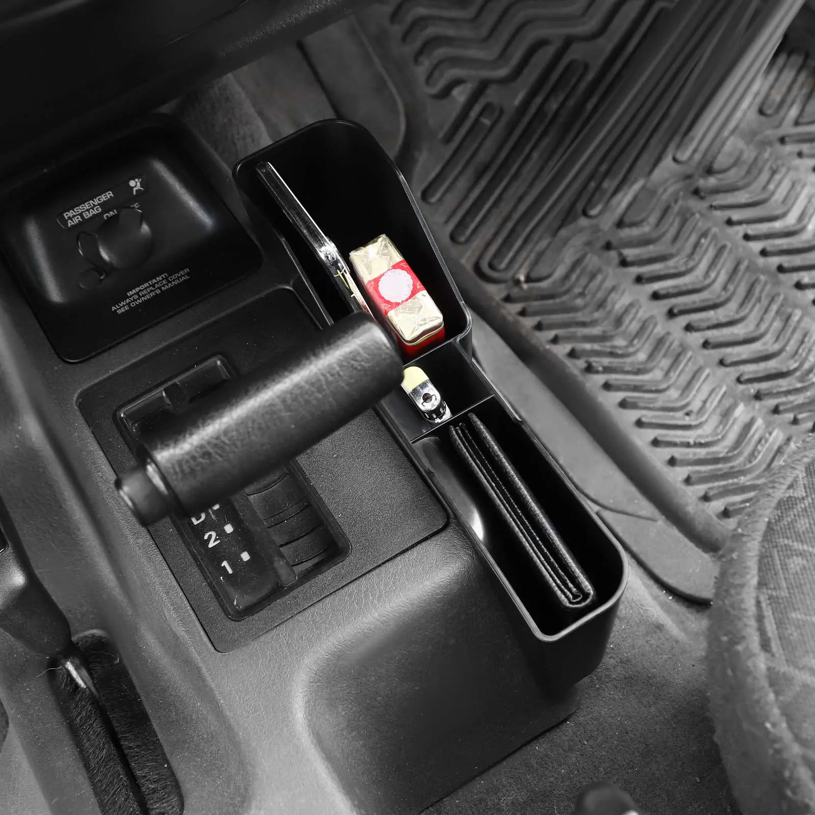 1 Gear Shift Side Storage Box Container for 1997-2006 Jeep Wrangler TJ, Pre-Cut Laser Stick-On Self-Adhesive ABS Plastic Organizer, 28x7x13cm Car Interior Stowing & Tidying Accessory