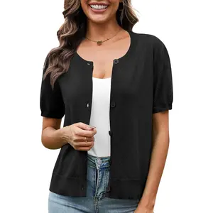 VIISHOW Women's Summer Lightweight Short Sleeve Cardigan Crochet Knit Shrug Open Front Crew Neck Button Up Casual Tops