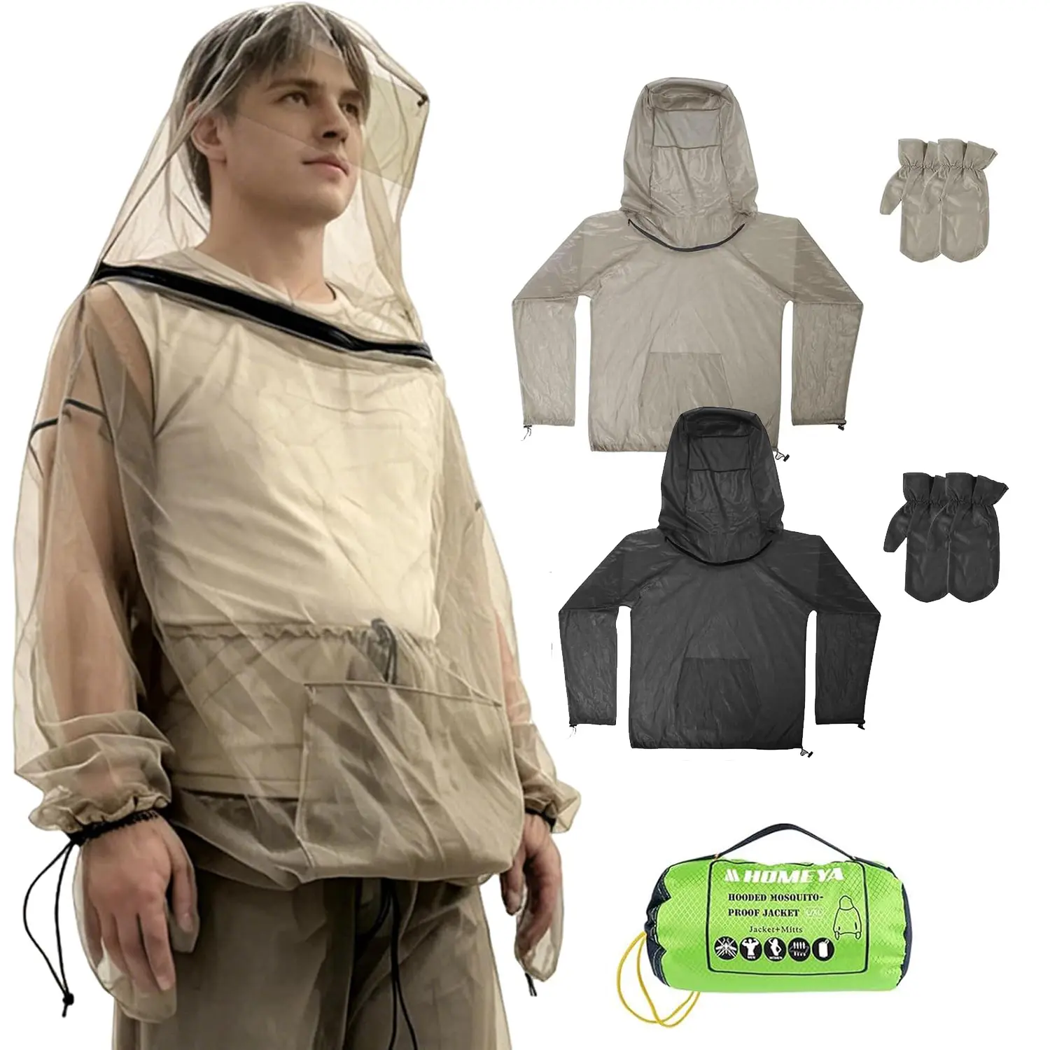 HOMEYA 2-Piece Mosquito Bug Jacket & Gloves Set, Zippered Hood Jacket, Thickened Breathable Mesh, Adjustable Fit for Upper Body Protection, Unisex Lightweight Outdoor Gear for Camping, Fishing, Hiking, Gardening