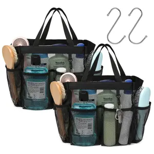 Portable Mesh Shower Caddy, Hangable Bathroom Tote for College Dorm, Gym, Camp - 2 Pcs Black Shower Basket Organizer for Toiletries, Shampoo, Body Wash, Soap, Toothbrush Cleaning Supplies