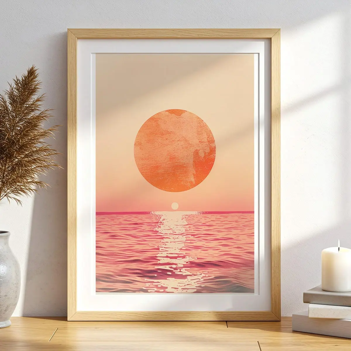 Minimalist Ocean Sunset Wall Art, Modern Beach Poster, Pink & Orange Abstract Sun Print, Coastal Sunset Decor, 5 Size, 8x12 to 27x40 inch, Room Decor, Unframed