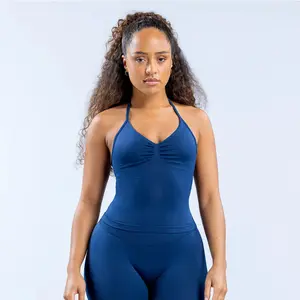 (With Logo）DFYNE Minimalist Seamless Activewear  - Soft Stretchy Ruched Halter Top & Leggings for All-Day Comfort Quick-Dry Compression Fitness Set