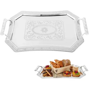 Binaural Tray Bread Plate Tray Stainless Steel Serving Plate Vintage European Style Metal Dessert Platter for Coffee Tea Cake Spaghetti Wedding Home Kitchen Restaurant, Antique Silver