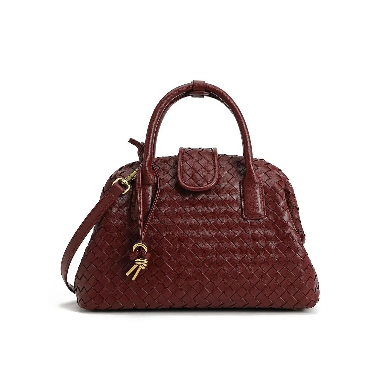 Women's Hand-Woven Boston Bag, Casual Shell-Shaped Bowling-Style Convertible Crossbody & Shoulder Handbag, Bowling Women's Crossbody & Shoulder Bags, Classic Structured Women's Crossbody & Shoulder Bags