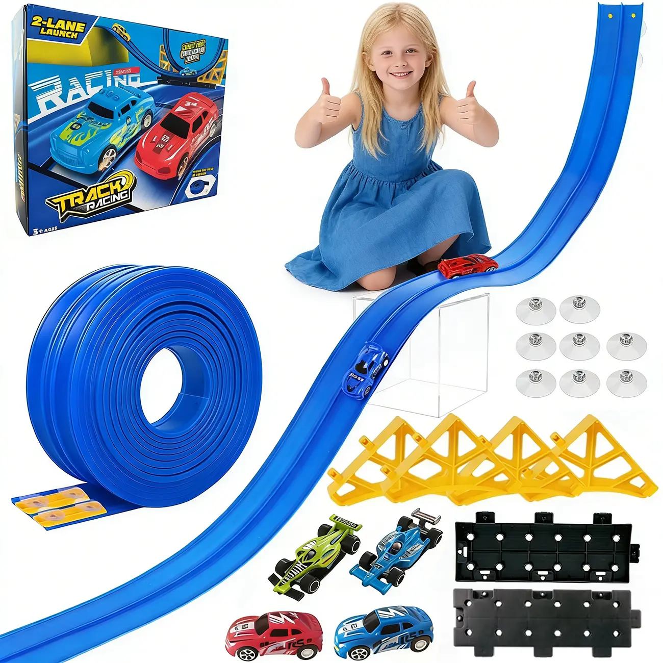 Flexible Race Track for Kids, 16.4ft DIY Loop Ramps Set with Track Base Connector and 8 Suction Cups & 4 Cars – Compatible with Hot Wheels & Matchbox Cars – Portable Roll Up Car Ramp Toy Track for Kids Ages 3 & Up