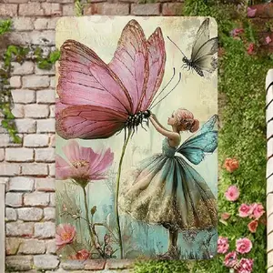 Charming Vintage Fairy and Butterfly Floral Metal Sign for Home Office Café and Garage Decor Indoor and Outdoor Wall Art