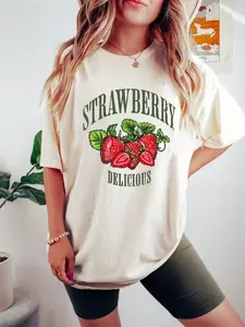 Strawberry Delicious T-Shirt, Cute Fruit Graphic Tee With Fresh Strawberry Front Print, Summer Farmers Market Shirt, Cottagecore Casual Outfit Gift for Women