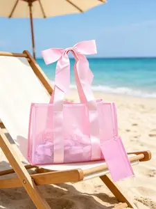 Cute Pink Jelly Beach Tote Bag with Bow - Waterproof & Sandproof，Large Clear Beach Bag for Pool, Travel & Stadium Events